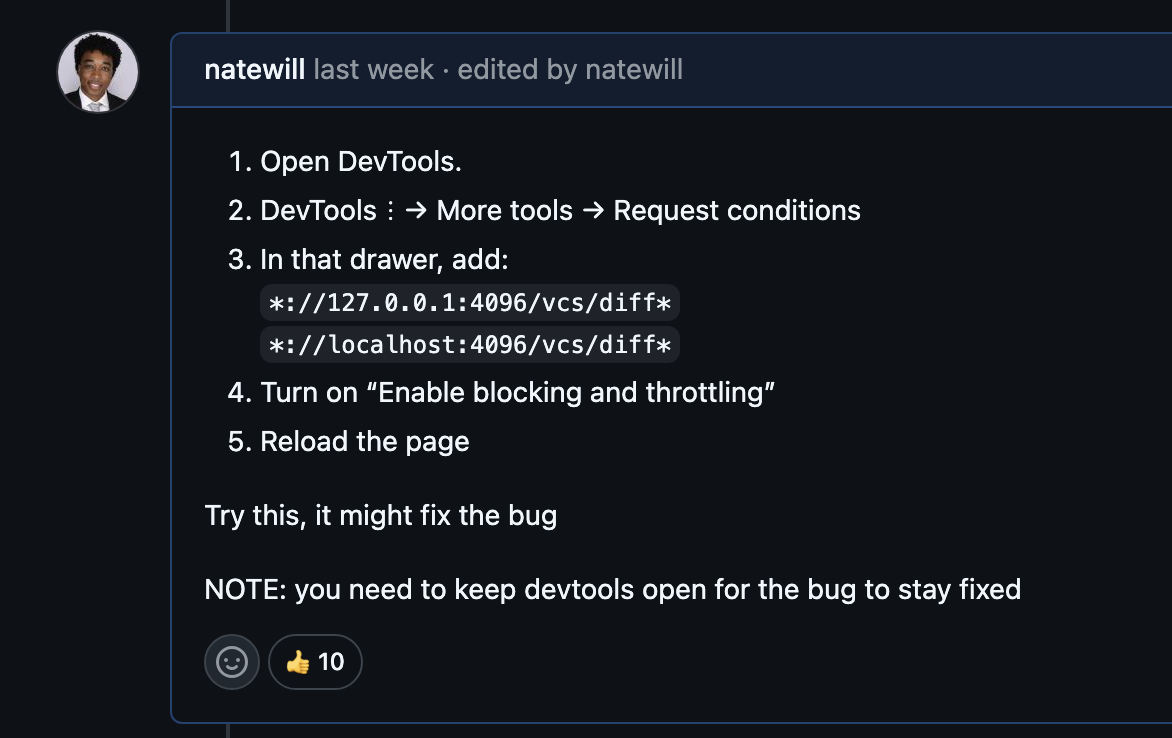GitHub comment with workaround, 10 reactions